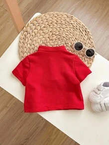 Baby Boy Casual Cute Versatile Red Collar Short Sleeve Top, Suitable For Birthday Party, Evening Party, Performance, Wedding, Baby Shower, One Month Celebration, One Year Old Celebration