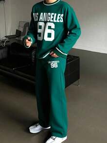 SHEIN 2件套青少年男童休闲舒适百搭印花圆领运动衫和慢跑裤套装 - 綠色 - 查看 1