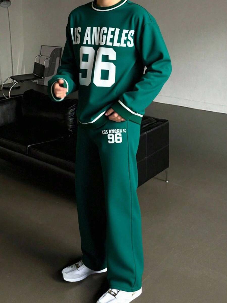 SHEIN 2件套青少年男童休闲舒适百搭印花圆领运动衫和慢跑裤套装 - 綠色 - 查看 1