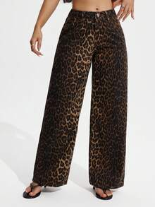 SHEIN PETITE Women's Fashion Commuter Leopard Print Wide Leg Jeans - Multicolor - View 3
