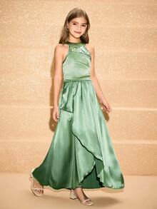 Elegant Sage Green Summer Wedding Dress For Tween Girls,Flower Girl Prom Evening Party Gown - Green - View 6