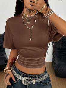 Coolane 女式夏季简约 Y2K 基本款日常休闲返校街头风弹力白色宽松褶皱短款 T 恤 - 棕色 - 查看 3