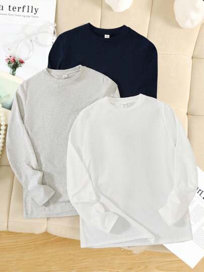 SHEIN Set da 3 magliette semplici, casual, confortevoli e versatili, per ragazzi adolescenti, economiche, in rete, con scollo a equipaggio, in colori semplici, adatte per ritorno a casa, rinascimento, look autunnali, abbigliamento per ragazzi, aeroporto, cocktail festa, autunno/inverno