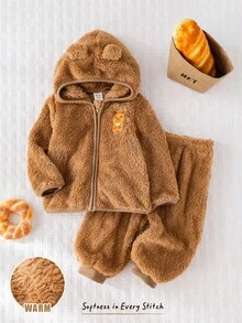 Cozy Pixies 2pcs Baby Boy Cartoon Bear Pattern Thermal Lined Hooded Jacket And Elastic Waist Ankle Cuff Pants Set - Brown - View 3