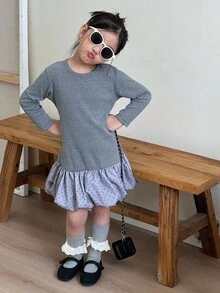 SHEIN Girls' Autumn Gray Minimalist Round Neck Solid Color Long Sleeve Dress, Suitable For Outings, Casual Wear And School - Grey - View 1
