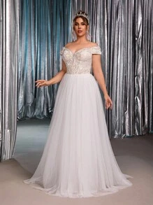 Glamrae Váy cưới chữ A bằng vải tuyn thêu hoa văn ren Pháp sang trọng, lãng mạn, màu trắng cỡ lớn, hở vai, trang trí hạt thủ công - trắng - Xem 6