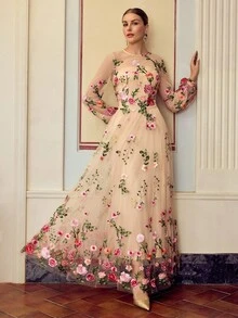 ZEYLAH Đầm lưới thêu thanh lịch cổ tròn tay loe cho nữ - Màu be - Xem 6