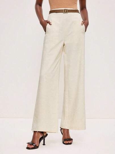 BizChic 2025 Autumn/Winter New Beige Side Pocket Linen Blend Wide Leg Pants, Elegant And Versatile For Business, Casual, Office, Dating, Party, Travel, Romantic, Country Music Festival, Vintage, Korean Style, Airport, Wedding Guest, Birthday, Halloween, Christmas
