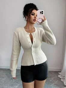 Elenzga 女士优雅腰部收腰针织开衫，秋冬 - 杏色 - 查看 1