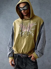 ROMWE MEN Street Life Men's Butterfly Graphic Print Contrast Color Drawstring Pocket Hoodie Sweatshirt - Brown - View 6