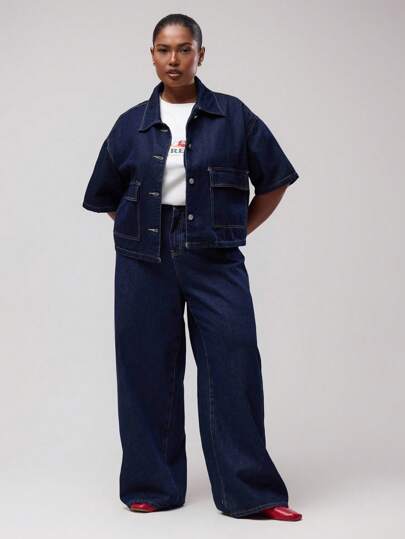 MUSERA Jeans de talla grande de lavado oscuro de mezclilla, solo elegante, romántico, de vacaciones de verano, de curvas, de estilo campestre