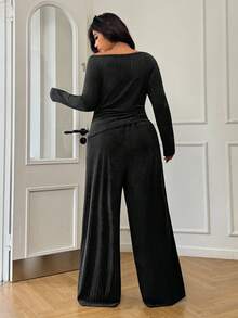 Solflare Plus Size Casual Solid Color Long Sleeve Top And Pants 2 Pieces Set - Black - View 2