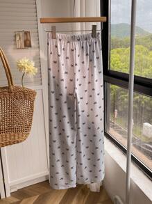 Tween Girls' Bow Print Elastic Waist Casual Pants - Grey - View 2