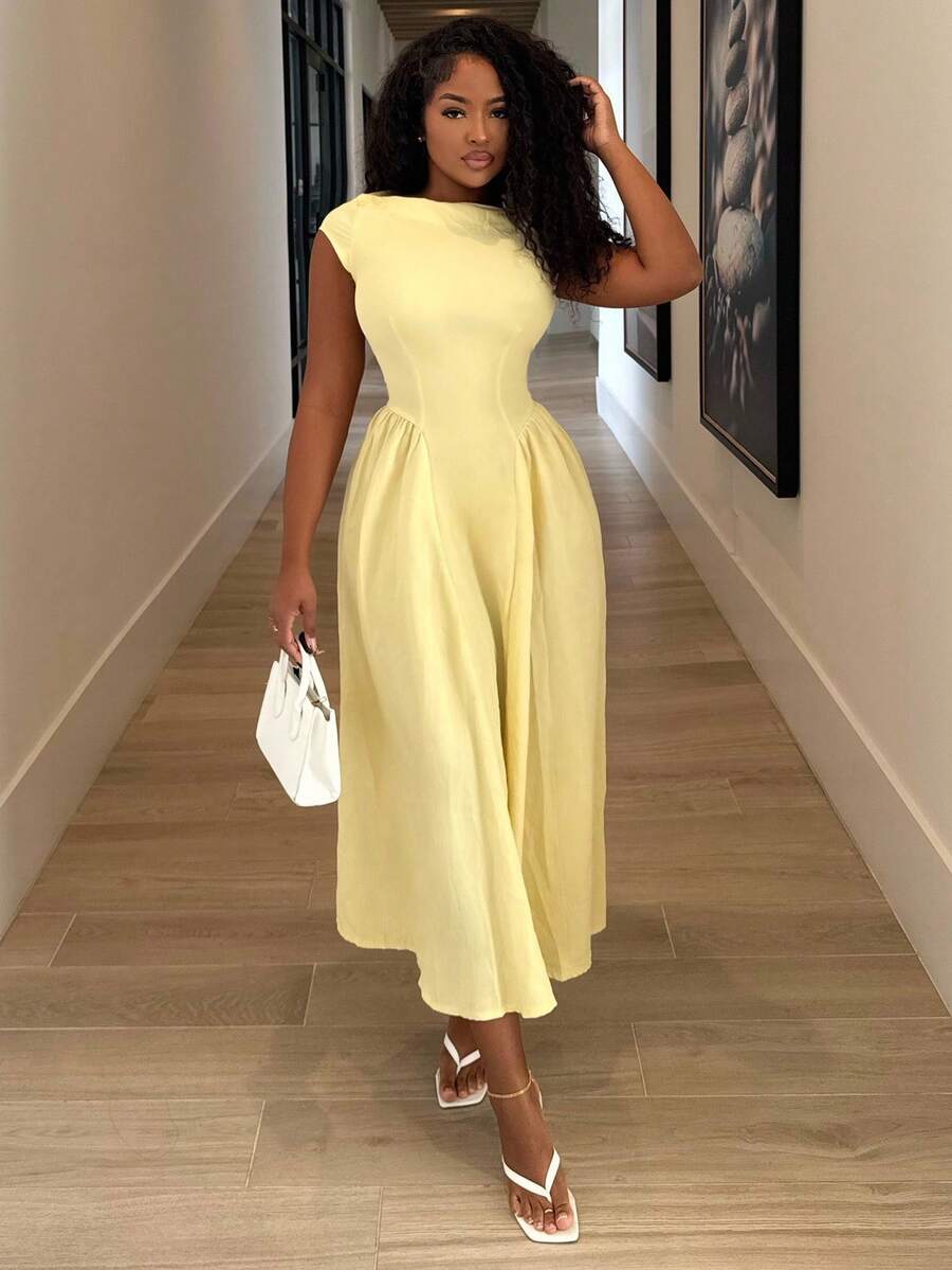 Alexandranx 女士优雅日常时尚新款度假灯笼袖收腰 A 字中长连衣裙，黄色