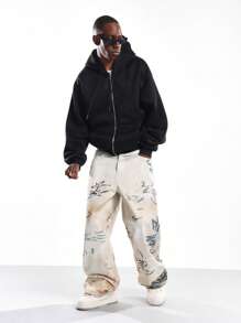 SUMWON 白色牛仔裤涂鸦艺术印花宽腿超大街头风格时尚裤手绘抽象设计艺术街头时尚秋冬