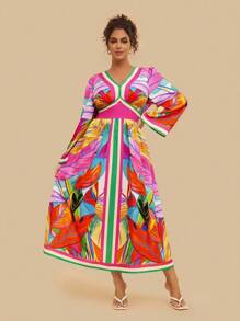 SHEIN VCAY Plus Size Women Tropical Colorful Geometric Abstract Print V-Neck Long Sleeve Maxi Dress, Casual Holiday Party Vacation Travel - Multicolor - View 1