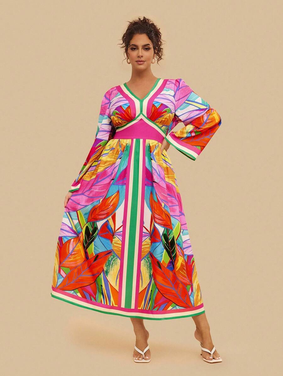 SHEIN VCAY Plus Size Women Tropical Colorful Geometric Abstract Print V-Neck Long Sleeve Maxi Dress, Casual Holiday Party Vacation Travel - Multicolor - View 1