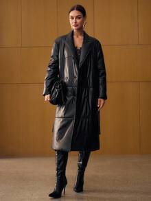 MOTF PREMIUM PU LEATHER SOLID PEAK COLLAR DOUBLE BREASTED PLACKET LONGLINE WINTER COAT - Black - View 4