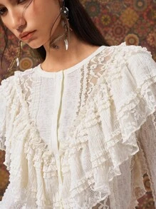 SHEIN x Rafa Kalimann Easelle 复古游牧民族荷叶边喇叭袖圆领女式衬衫 - 杏色 - 查看 9