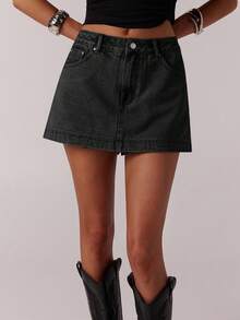 SHEIN Forever 21 Spring Vintage Street Style Casual Distressed Denim Mini Skirt For Women - Black - View 7