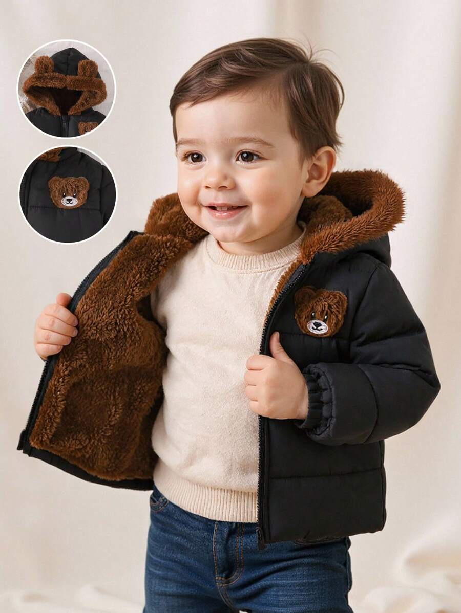 SHEIN 1pc Baby Boys And Girls Unisex Black Casual Cute Bear Embroidered 3D Ear Hoodie Zip-Up Long Sleeve Quilted Thick Fleece Padded Coat, Bear Embroidery On Chest, Loose Fit Comfortable, Suitable For Outdoor, Casual, Home, 6M-3T Baby Boy Hooded Jacket Bear Ear Jacket Baby Boy Winter Jacket Baby Bear Jacket Baby Boy Winter Coat Baby Boy Coats Winter Coats Baby Boy Coat With Hood Baby Boy Winter Coat Fall - Black - View 1