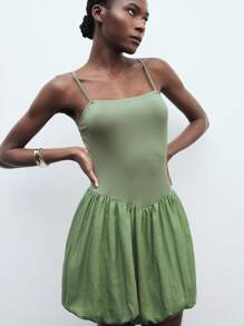 Maija Women's Summer Casual Patchwork Ruffle Hem Spaghetti Strap Mini Dress - Green - View 5