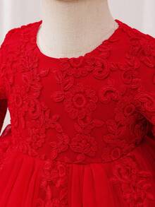 Glamorique Kids 女婴红色刺绣蕾丝边长袖缎面网眼礼服，圣诞节、万圣节、派对、生日、高端公主裙 - 紅色 - 查看 7