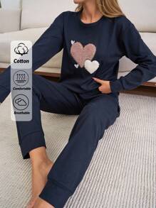 EURMUSE 2pcs Contrast Colour Heart Embroidery Detail Homewear PJ Set - Navy Blue - View 1