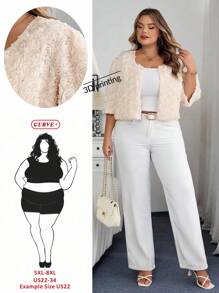 SHEIN CURVE+ Áo khoác mỏng tay ngắn họa tiết hoa hồng 3D cỡ lớn cho nữ, thanh lịch, tối giản, lãng mạn, thời trang, thích hợp cho hẹn hò, tiệc tùng, đi làm, nghỉ dưỡng - Màu be - Xem 2