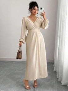 Elenzga 大码女式休闲优雅纯色荷叶边下摆松紧腰长袖长裙，适合工作、度假、春/秋/冬季米色中长裙长袖优雅连衣裙米色女式连衣裙优雅连衣裙 V 领中长裙 - 杏色 - 查看 5