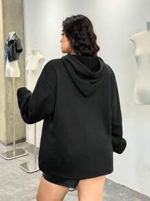 SHEIN EZwear Plus Size Casual Loose Minimalist Long Sleeve Hoodie Sweatshirt - Black - View 2