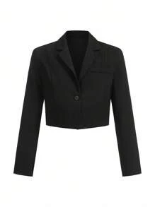 SHEIN x PRISCILA & JIMENA DAZY Business Casual Plain Color Cropped Suit Jacket - Black - View 2