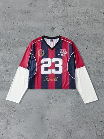 Prep Tee-shirt à manches longues homme 2 en 1 patchwork, style ample et court, pour l'automne