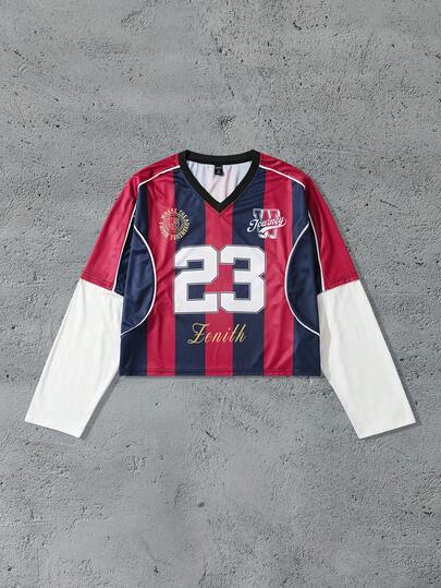 Prep Men's Patchwork 2 In 1 Long Sleeve T-Shirt, Loose Cropped Style Jersey, For Fall