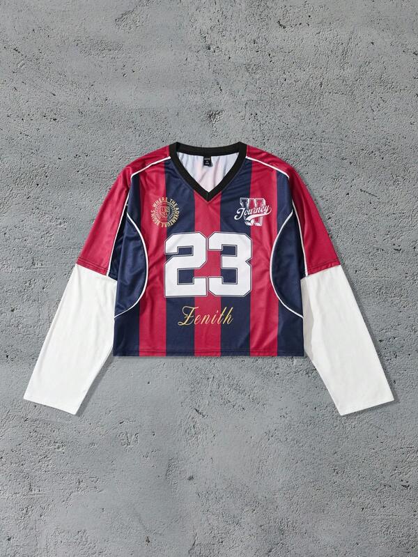 ROMWE MEN Prep Camiseta de manga larga de 2 en 1 con parches para hombre, estilo jersey holgado y corto, para otoño