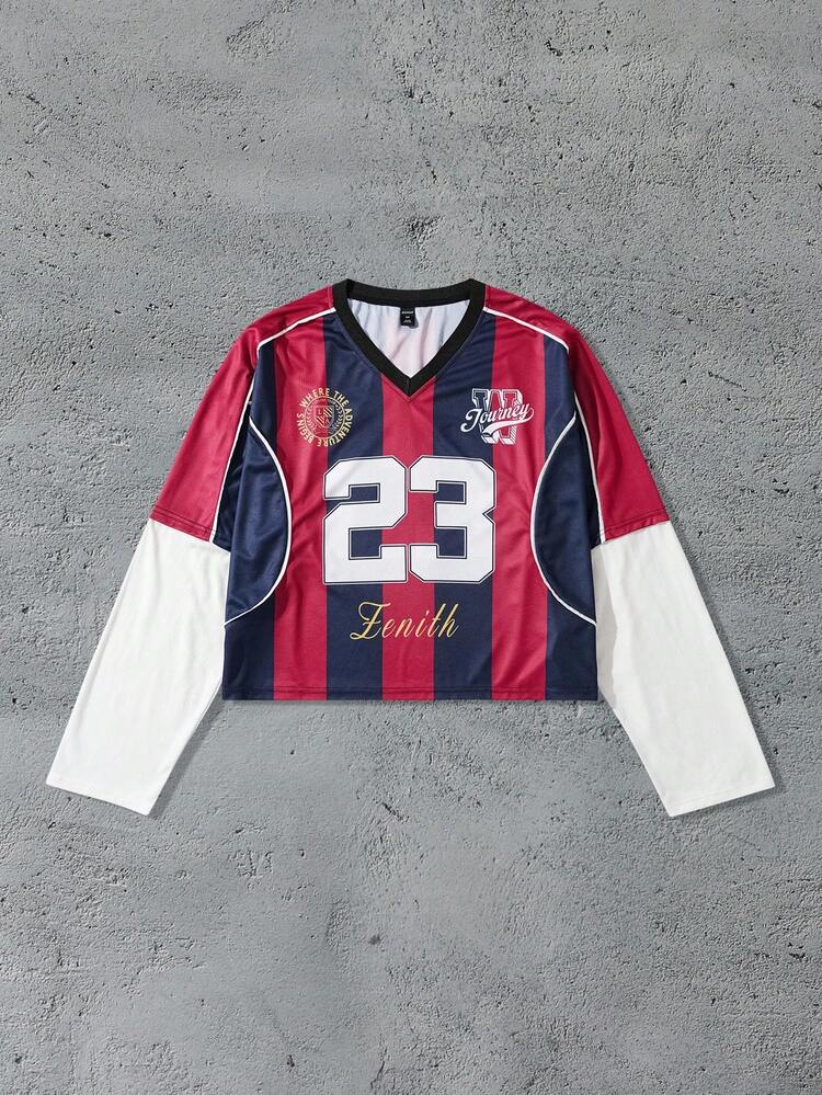 ROMWE MEN Prep Camiseta de manga larga de 2 en 1 con parches para hombre, estilo jersey holgado y corto, para otoño - Burdeos - Añade 1