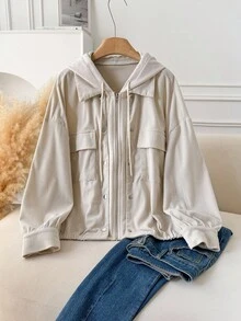 CosyJoli Plus Size Women 2 In 1 Design Casual Jacket, Apricot Color Hooded Jacket, Corduroy Jacket, New Autumn/Winter Commuting Versatile Outerwear,Fall Clothes For Women