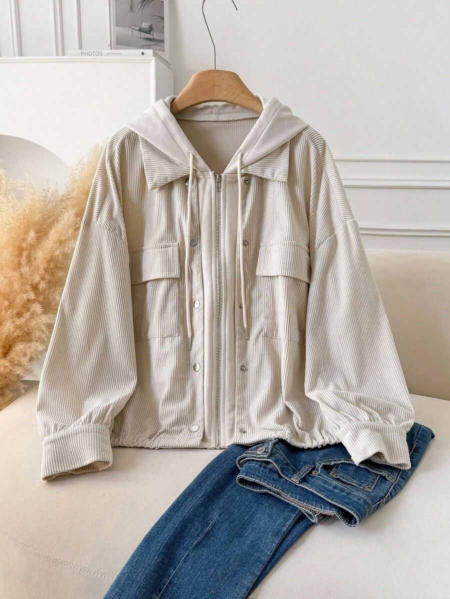 CosyJoli Plus Size Women 2 In 1 Design Casual Jacket, Apricot Color Hooded Jacket, Corduroy Jacket, New Autumn/Winter Commuting Versatile Outerwear,Fall Clothes For Women