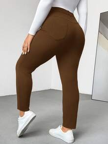 SHEIN Essnce 大码女装春秋季时尚休闲舒适基础款日常百搭修身黑色高弹力紧身裤，女式下装，曲线裤，工作裤，办公室，机场，简约风格，教师，弹力舒适裤，秋季 - 棕色 - 查看 5