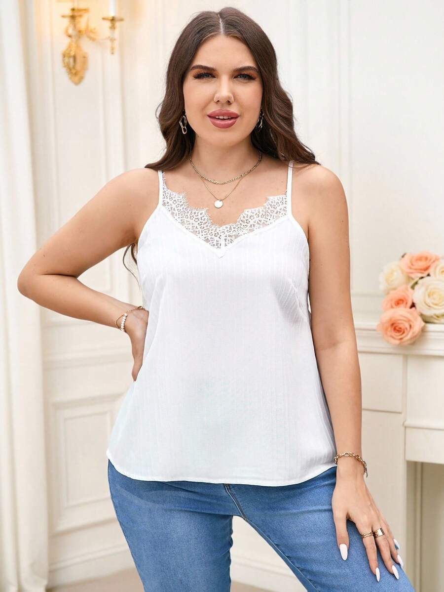 Reflora Plus Size Summer Casual Splice Lace Camisole Top - White - View 1