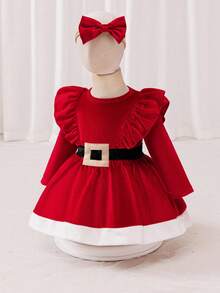 Glamorique Kids Baby Girls' Christmas Party Bow Headband & Velvet Dress, Suitable For Holiday Events,Christmas Dress Fall Winter - Red - View 4