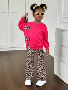 SHEIN 2pcs Young Girl Crew Neck 3D Leopard Print Bow Knit Sweater And Pants Set,Girls Cheetah Outfit For Autumn,School,Back-To-School Comfy Fall Winter - Hot Pink - View 7