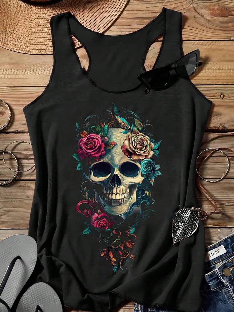 SHEIN LUNE Camiseta de tirantes casual con estampado floral y de calavera, adecuada para el verano y el regreso a la escuela - Negro - Añade 1
