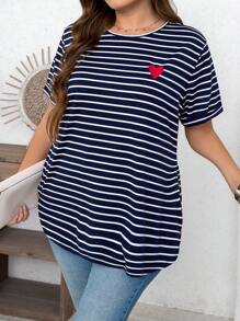 SHEIN LUNE Women Plus Size Long Sleeve Casual Embroidery Heart Tee Summer Spring Clothes