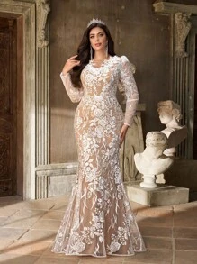 Aureia Plus Size Autumn And Winter Elegant Romantic White Sequin Embroidery Deep V Neck Leg Of Mutton Sleeves Slim Fishtail Hem Plus Tail Wedding Event Bride Beautiful Wedding Dress