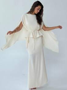 Aloruh 杏色优雅休闲装：不对称下摆收腰斗篷上衣+长腰裙 - 杏色 - 查看 4