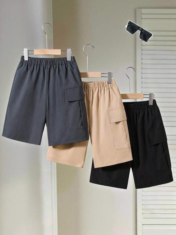 SHEIN 3件/套寬鬆學院風編織貨物短褲,適合青少年男孩穿著 - 彩色 - 查看 6