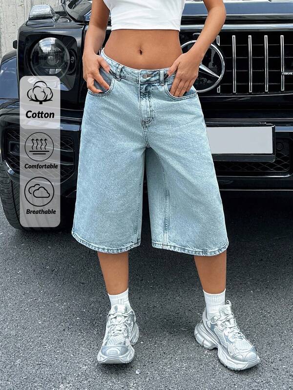 SHEIN Pantaloncini in jeans a vita bassa e gamba larga, lavati, casual per l'estate