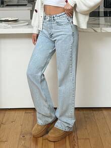 EURMUSE 100%Cotton HIGH RISE STRAIGHT CUT LIGHT BLUE WOMEN JEAN - Light Wash - View 6