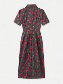 lacRébo 修身中长连衣裙，搭配红玫瑰和圆点印花和扇形领结，教师装，约会夜礼服，外出装，秋季连衣裙 - 彩色 - 查看 7